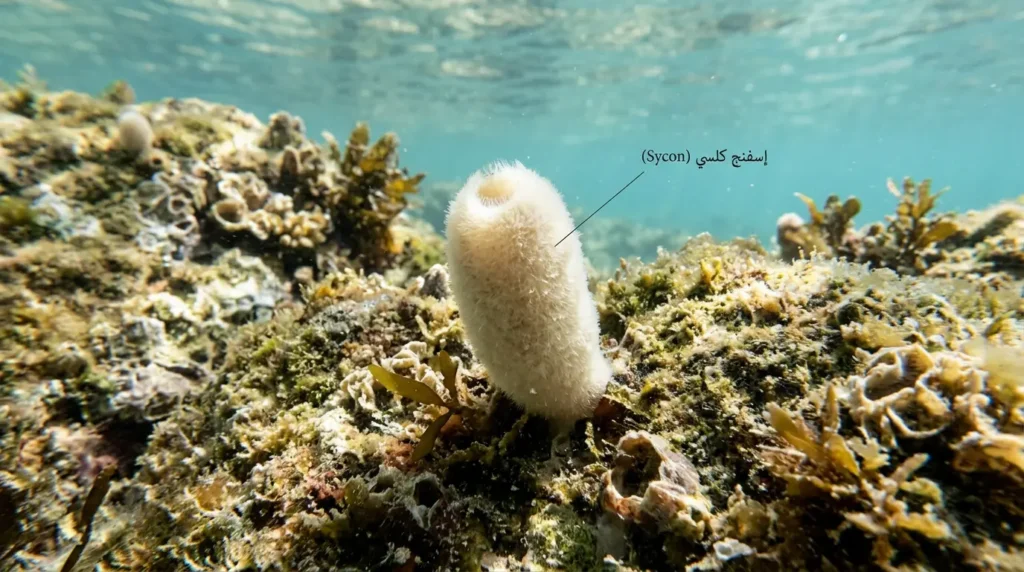 صورة مقربة واقعية لإسفنج كلسي من نوع Sycon ملتصق بصخرة في مياه بحرية ضحلة