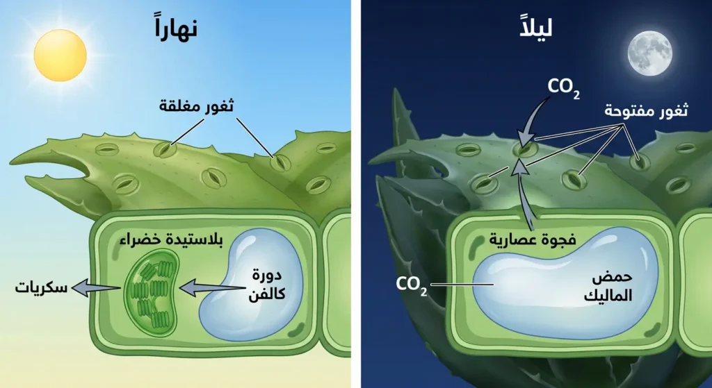 رسم توضيحي علمي واقعي يشرح آلية البناء الضوئي CAM في النباتات العصارية الصحراوية مقسم إلى مرحلتين ليلية ونهارية
