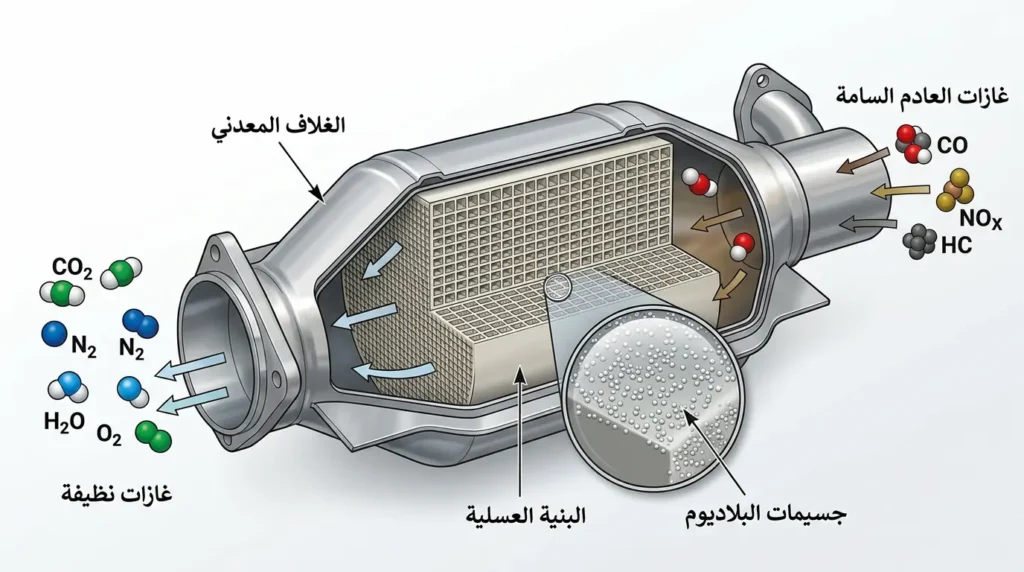 مقطع توضيحي لمحول حفاز ثلاثي المسارات يُظهر دخول الغازات السامة وتفاعلها مع جسيمات البلاديوم على البنية العسلية وخروج غازات نظيفة