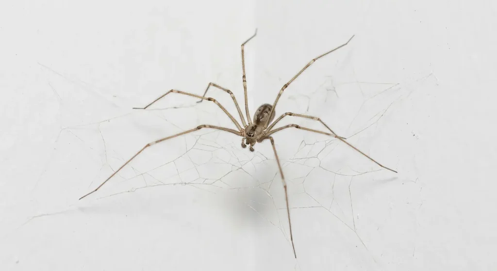 صورة علمية واقعية لعنكبوت القبو ذو الأرجل الطويلة على شبكته في زاوية جدار أبيض