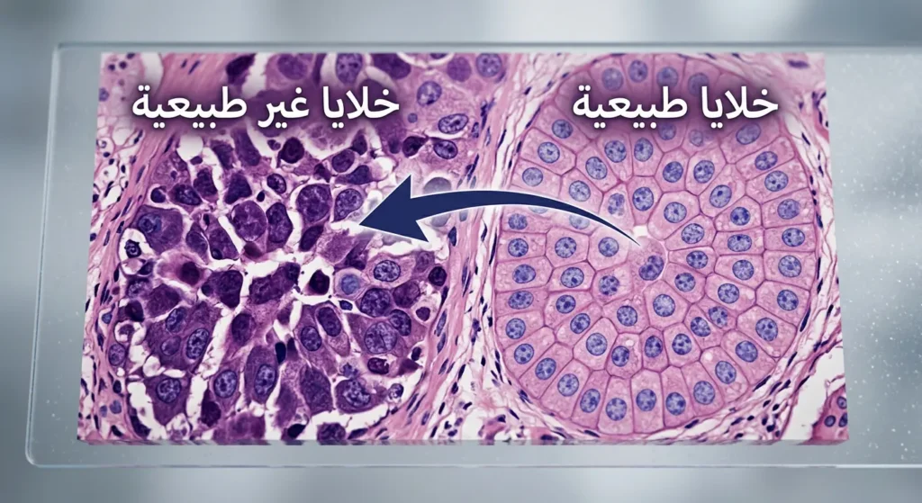 عرض مجهري ثلاثي الأبعاد يوضح الفرق بين الخلايا الطبيعية والخلايا غير الطبيعية في المنطقة الانتقالية.