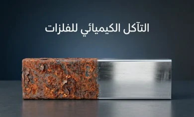 صورة غلاف تُظهر قطعة فولاذية نصفها لامع ونصفها متآكل بالصدأ مع عنوان التآكل الكيميائي للفلزات