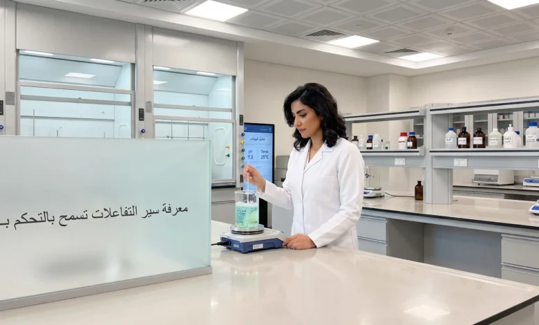 طبيبة كيمياء في مختبر حديث لتوضيح أن معرفة سير التفاعلات تسمح بالتحكم بـ النواتج والمتفاعلات.