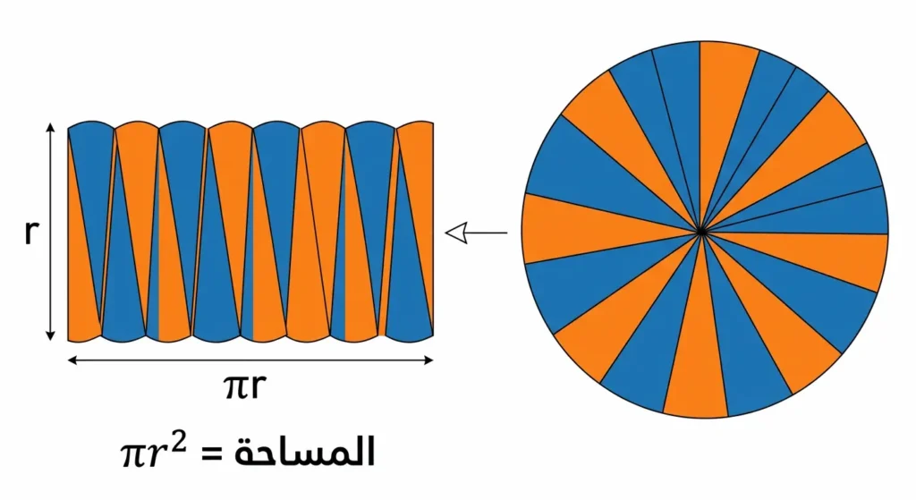 رسم توضيحي يُظهر طريقة اشتقاق مساحة الدائرة بتقسيمها إلى قطاعات صغيرة وإعادة ترتيبها لتشكيل مستطيل