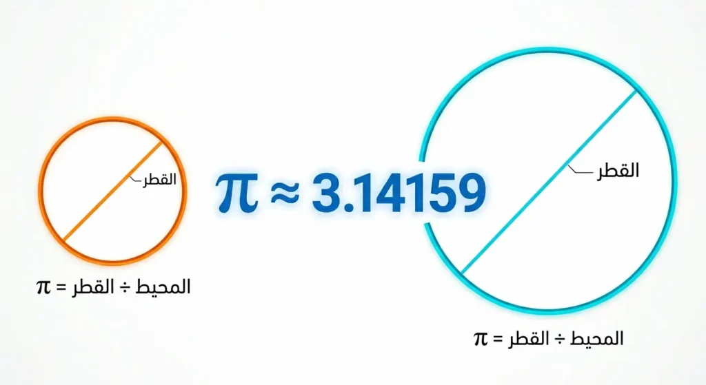 تمثيل بصري يوضح العلاقة بين محيط الدائرة وقطرها وكيف تنتج نسبة π الثابتة