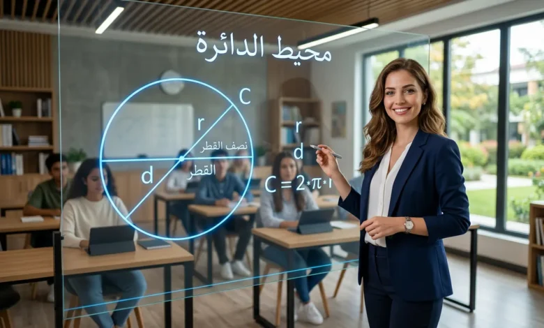 معلمة رياضيات تشرح قوانين ومسائل الدائرة ومحيطها على سبورة ذكية
