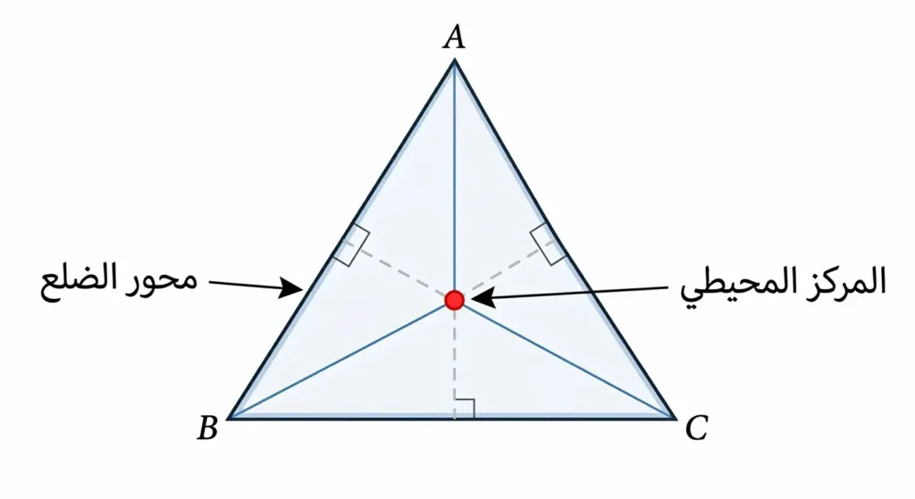 رسم هندسي يوضح كيفية تكون المركز المحيطي عند نقطة تلاقي محاور أضلاع المثلث الثلاثة (الأعمدة المنصفة).