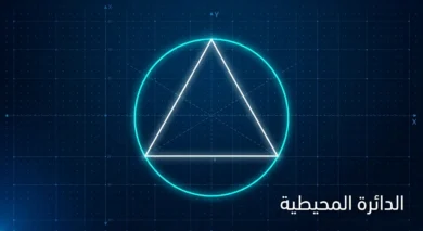 رسم تخطيطي رياضي للدائرة المحيطية يظهر مثلثاً داخل دائرة على خلفية شبكة رسم بياني رقمية، مع كتابة "الدائرة المحيطية".