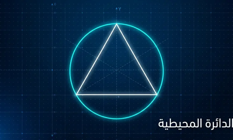 رسم تخطيطي رياضي للدائرة المحيطية يظهر مثلثاً داخل دائرة على خلفية شبكة رسم بياني رقمية، مع كتابة "الدائرة المحيطية".