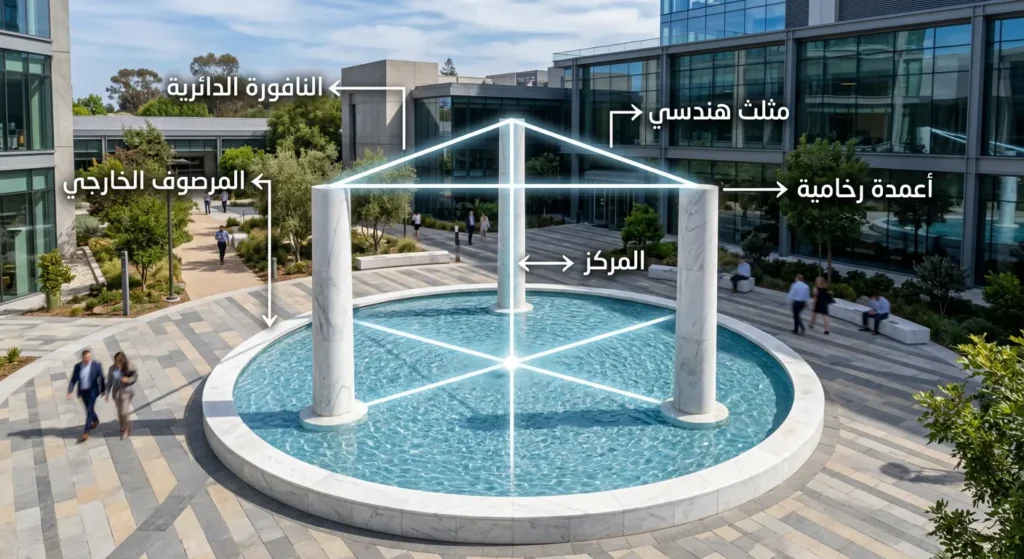 مثال واقعي للدائرة المحيطية: نافورة دائرية تمر حافتها بثلاثة أعمدة معمارية، مع رسم توضيحي يظهر الهندسة الكامنة وراء التصميم.