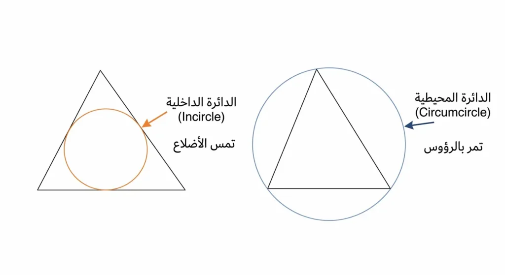 رسم توضيحي يقارن بين الدائرة المحيطية التي تمر برؤوس المثلث، والدائرة الداخلية التي تمس أضلاع المثلث من الداخل.