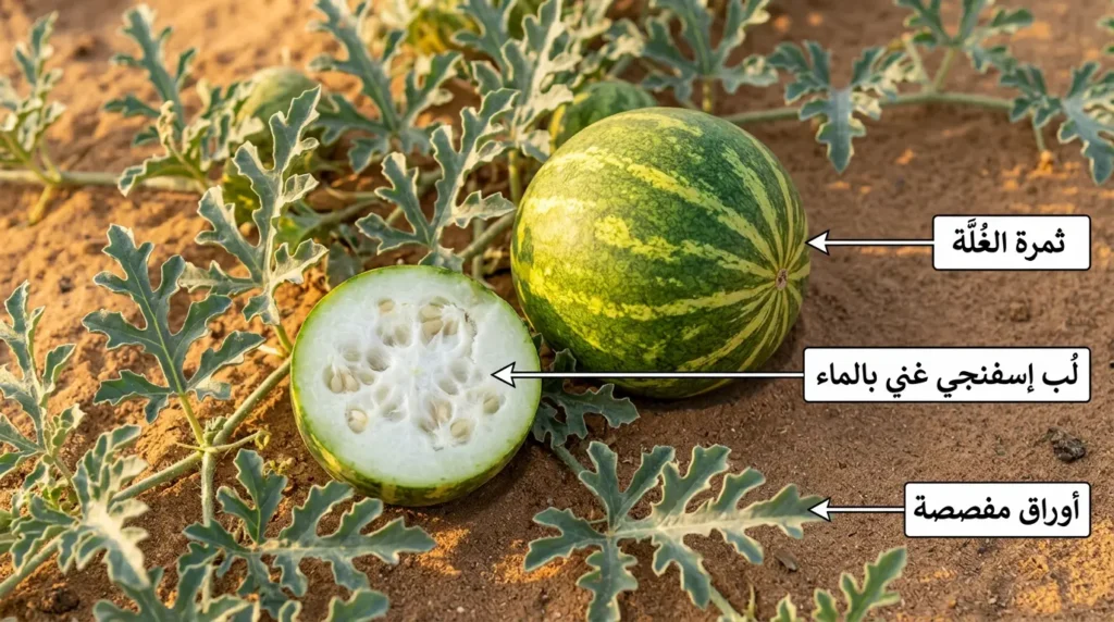  صورة مقرّبة واقعية لنبات الغُلَّة الصحراوي في بيئته الطبيعية تُظهر الثمرة الكروية كاملة وأخرى مقطوعة تكشف اللب الإسفنجي الغني بالماء