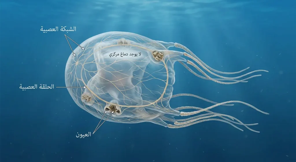 قنديل بحر مكعبي واقعي شبه شفاف يوضح الشبكة العصبية والحلقة العصبية والعيون مع غياب دماغ مركزي