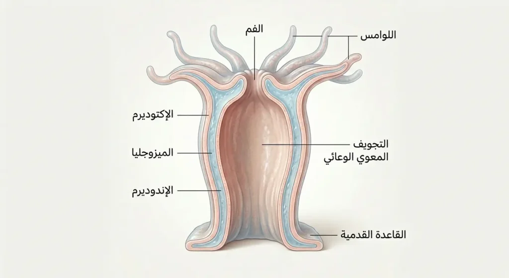 مخطط تشريحي مقطعي لبوليب لاسع يوضح الطبقات الثلاث: الإكتوديرم والإندوديرم والميزوجليا مع التجويف المعوي الوعائي والفم واللوامس