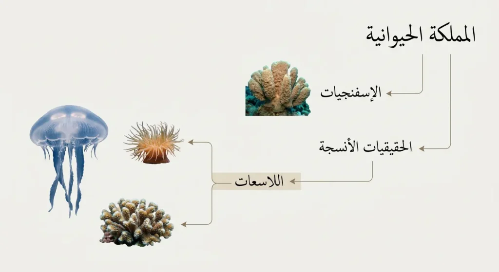 مخطط تصنيفي واقعي يوضح موقع اللاسعات داخل المملكة الحيوانية مقارنة بالإسفنجيات والحقيقيات الأنسجة
