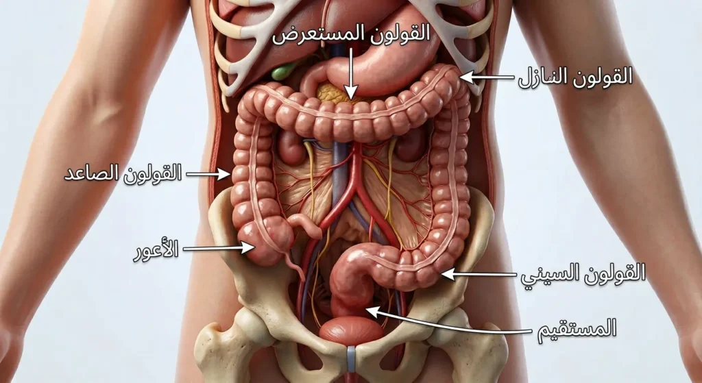 رسم تشريحي للقولون يوضح أجزاءه الخمسة: الأعور والقولون الصاعد والمستعرض والنازل والسيني والمستقيم