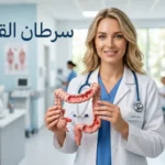 طبيبة تحمل نموذجاً تشريحياً للقولون البشري مع عنوان سرطان القولون باللغة العربية
