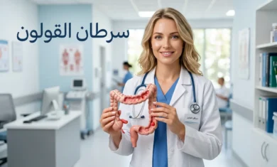 طبيبة تحمل نموذجاً تشريحياً للقولون البشري مع عنوان سرطان القولون باللغة العربية