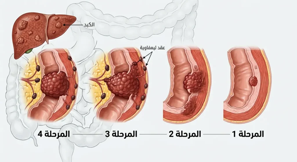 رسم توضيحي للمراحل الأربع لسرطان القولون من المرحلة المبكرة حتى الانتشار للكبد