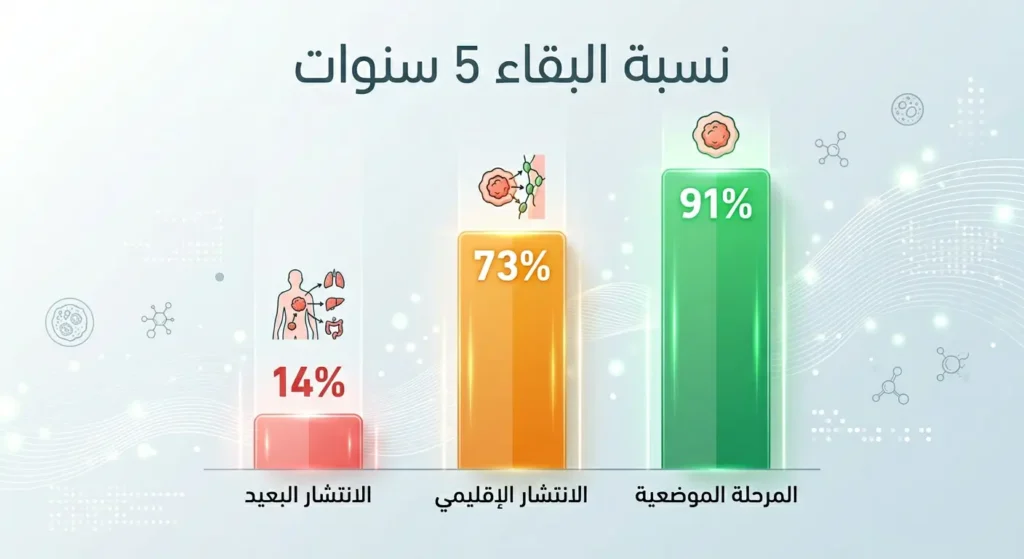 رسم بياني يوضح نسب البقاء خمس سنوات لسرطان القولون: 91% للمرحلة الموضعية و73% للإقليمية و14% للمنتشرة