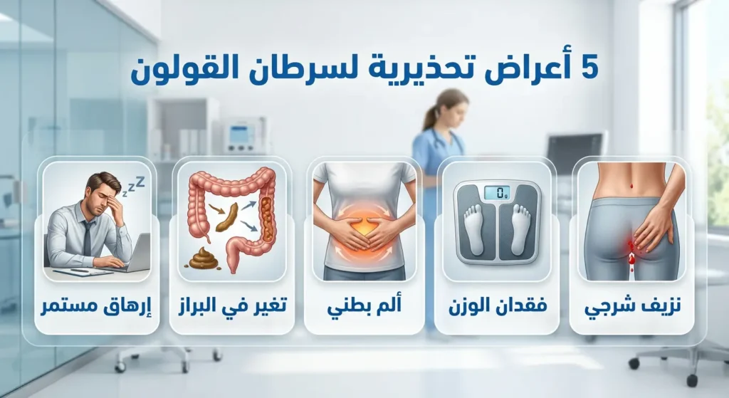 رسم توضيحي يعرض خمسة أعراض تحذيرية لسرطان القولون تشمل النزيف وفقدان الوزن والألم البطني