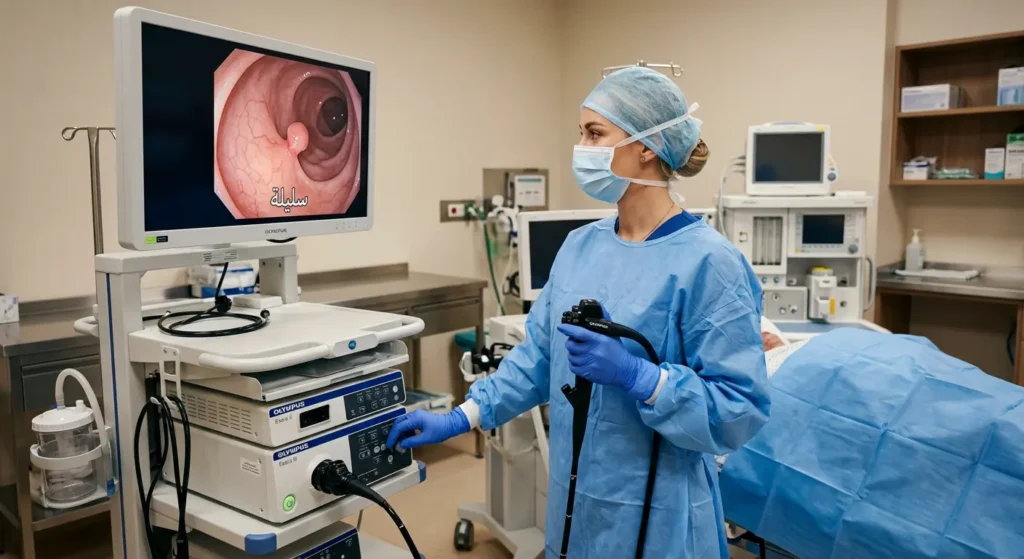 طبيبة تجري فحص تنظير القولون وتنظر إلى شاشة تعرض سليلة داخل القولون
