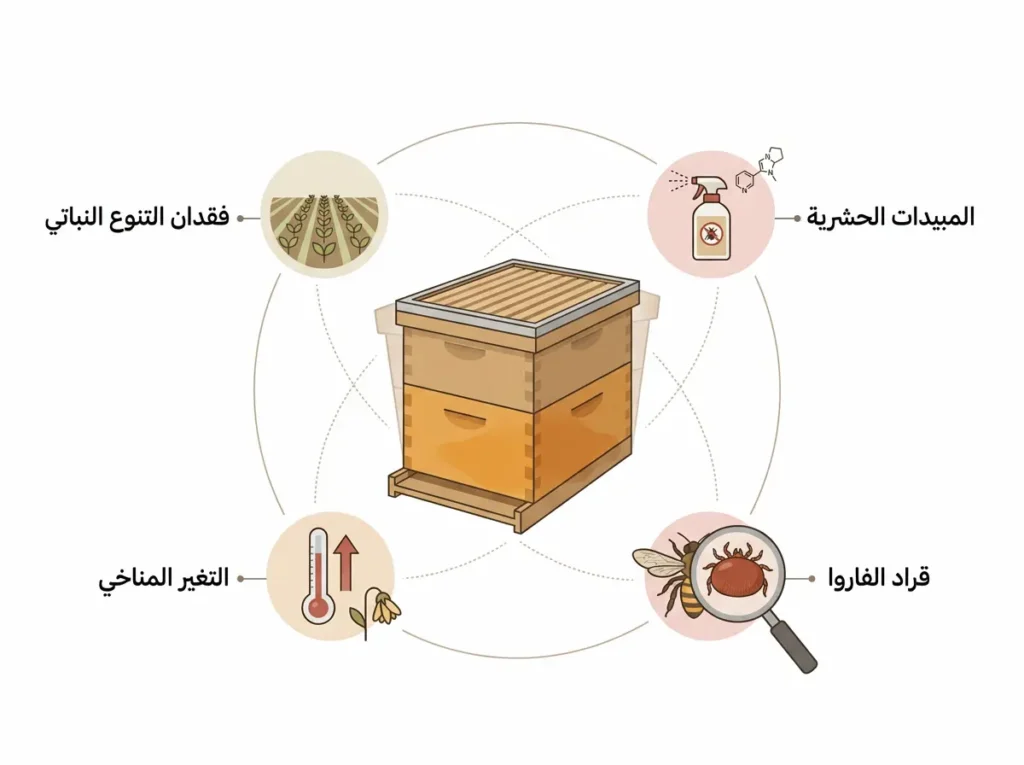 إنفوجرافيك يوضح العوامل الأربعة المتشابكة وراء ظاهرة انهيار مستعمرات النحل: المبيدات الحشرية وقراد الفاروا والتغير المناخي وفقدان التنوع النباتي