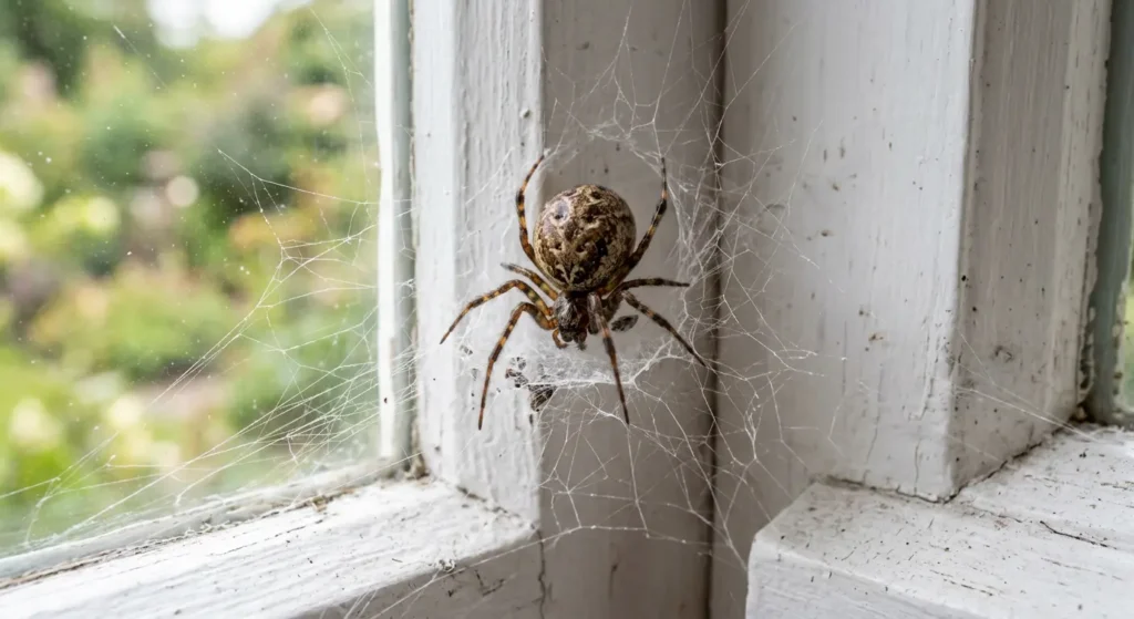 عنكبوت المنزل الشائع في شبكته الفوضوية بزاوية نافذة