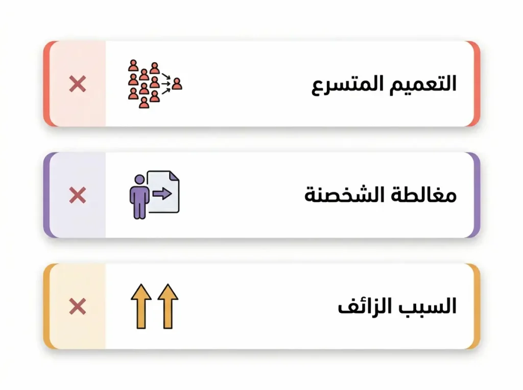 إنفوغرافيك يعرض ثلاث مغالطات منطقية شائعة: التعميم المتسرع ومغالطة الشخصنة والسبب الزائف