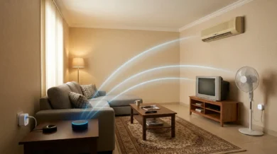 غرفة معيشة سعودية تحتوي على أجهزة منزلية قديمة مثل مكيف ومروحة وتلفاز مع جهاز أمازون إيكو ومقبس ذكي وجهاز تحكم بالأشعة تحت الحمراء