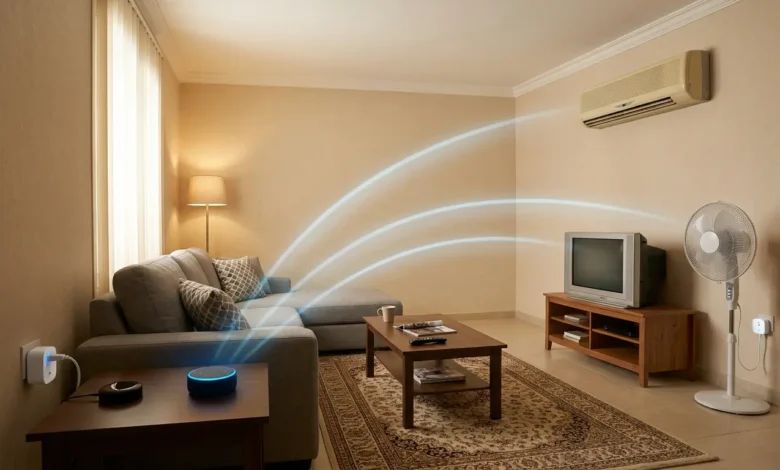 غرفة معيشة سعودية تحتوي على أجهزة منزلية قديمة مثل مكيف ومروحة وتلفاز مع جهاز أمازون إيكو ومقبس ذكي وجهاز تحكم بالأشعة تحت الحمراء