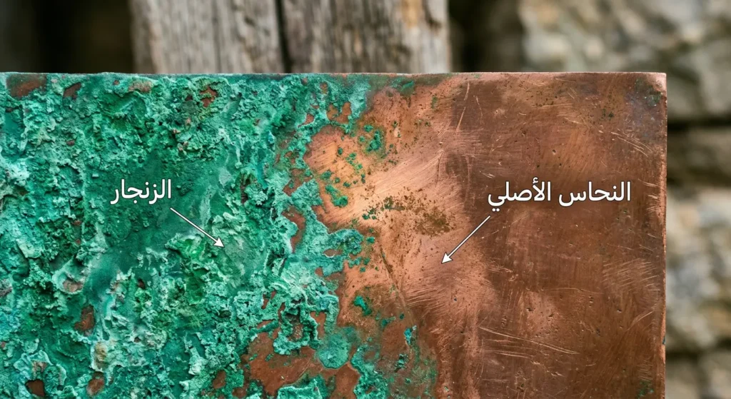 صورة مقرّبة لسطح نحاسي يُظهر الزنجار الأخضر المتكون من كربونات النحاس القاعدية بجانب النحاس الأصلي البني اللامع