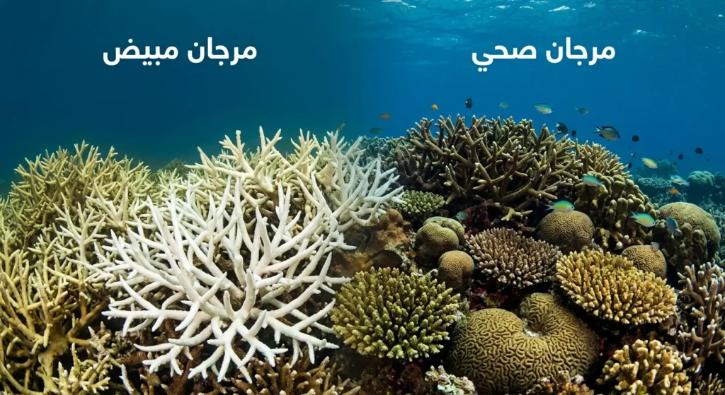 مقارنة بين مرجان صحي بألوانه الطبيعية على اليمين ومرجان مبيض أبيض هامد على اليسار نتيجة ارتفاع حرارة المياه