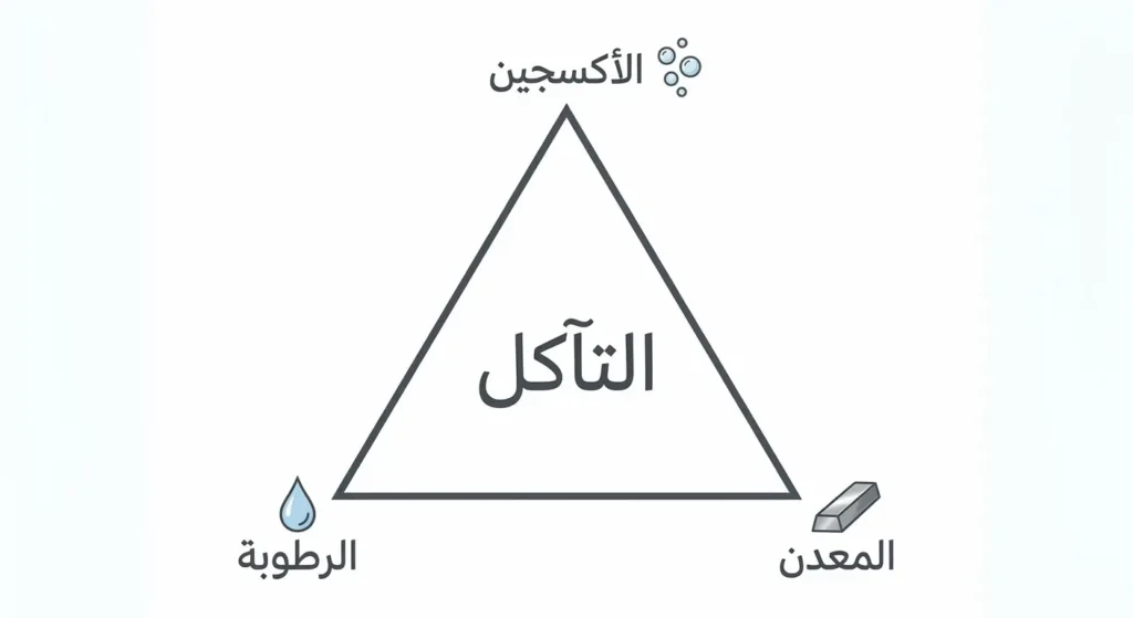  مخطط مثلث التآكل يُظهر العناصر الثلاثة اللازمة لحدوث التآكل وهي الأكسجين والرطوبة والمعدن
