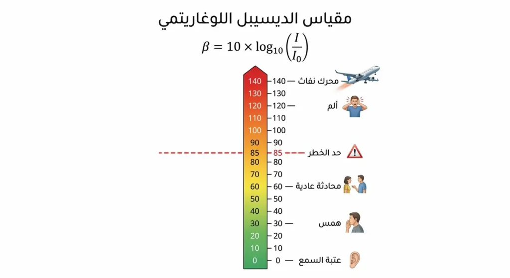 مقياس رأسي لشدة الصوت بالديسيبل من عتبة السمع عند 0 dB إلى محرك نفاث عند 140 dB مع صيغة الديسيبل اللوغاريتمية