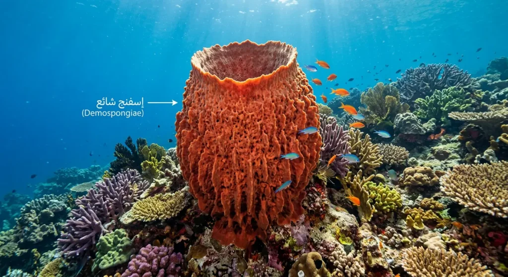 صورة واقعية لإسفنج برميلي كبير من الإسفنجيات الشائعة على شعاب مرجانية استوائية