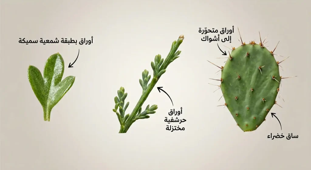 مقارنة واقعية بين ثلاثة أنواع من تحوّرات الأوراق في النباتات الصحراوية تشمل أوراقاً متحوّرة إلى أشواك وأوراقاً حرشفية مختزلة وأوراقاً بطبقة شمعية سميكة