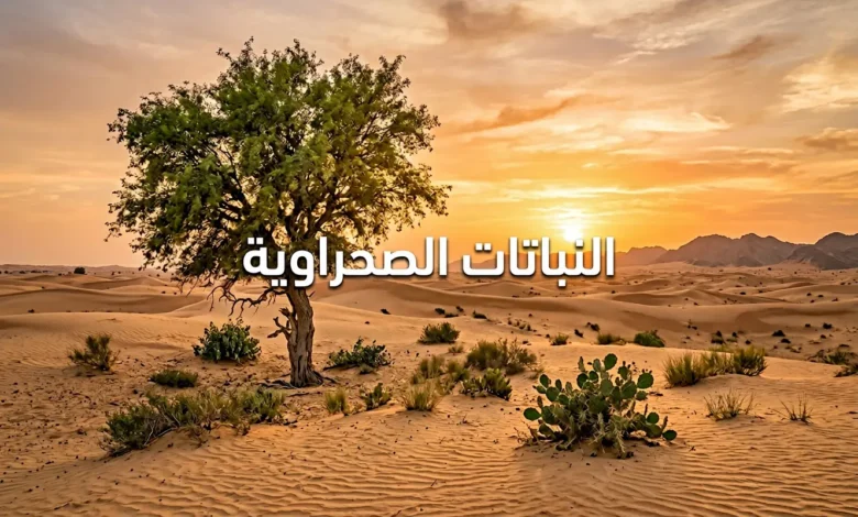 منظر طبيعي واقعي لصحراء الجزيرة العربية عند الساعة الذهبية مع شجرة غاف شامخة ونباتات صحراوية متنوعة وعنوان "النباتات الصحراوية" باللغة العربية