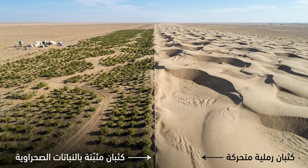 صورة جوية واقعية تُظهر المقارنة بين كثبان رملية متحركة جرداء وكثبان مثبّتة بالنباتات الصحراوية في المملكة العربية السعودية