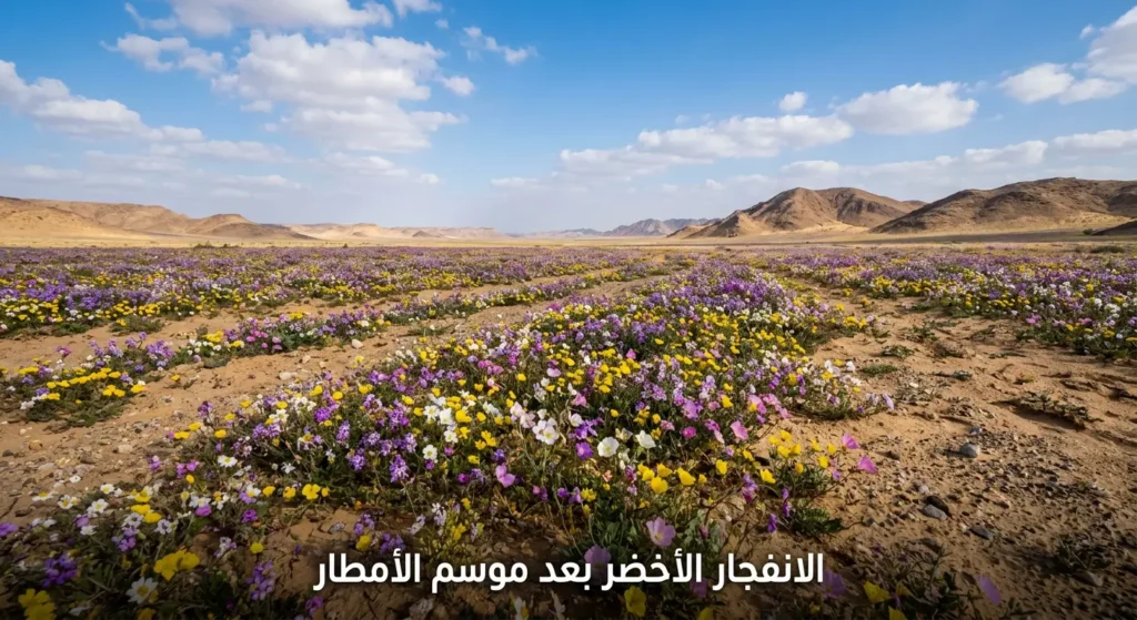 منظر واقعي بانورامي للانفجار الأخضر في الصحراء السعودية بعد موسم الأمطار مع سجادة من الأزهار البرية الملونة تغطي الأرض
