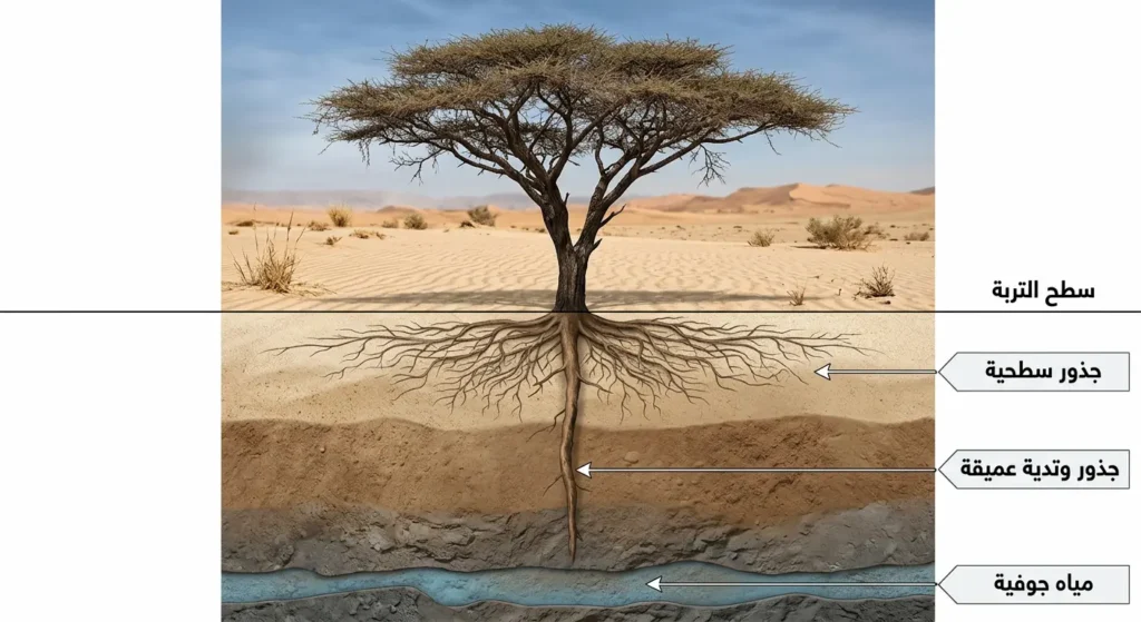  مقطع عرضي واقعي يُظهر نظام الجذور المزدوج لشجرة الطلح الصحراوية مع جذور سطحية منتشرة أفقياً وجذور وتدية عميقة تصل إلى المياه الجوفية