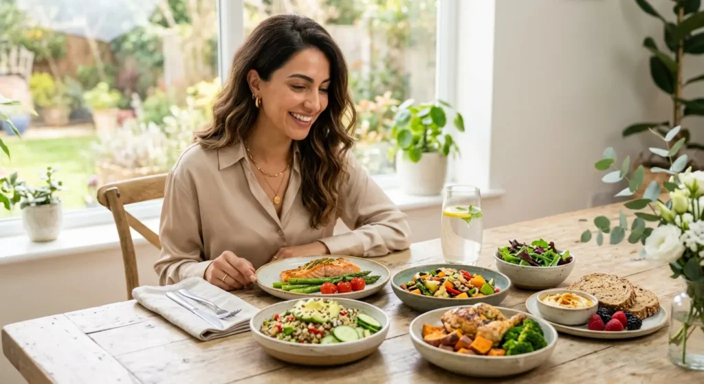 طاولة طعام تحتوي على وجبات صغيرة صحية متنوعة مناسبة لما بعد استئصال المعدة