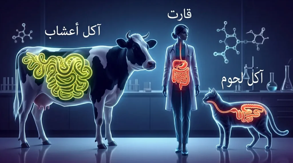 مقارنة بصرية بين طول أمعاء القطة والإنسان والبقرة لتوضيح الفرق بين آكلات اللحوم والأعشاب والقارتة.