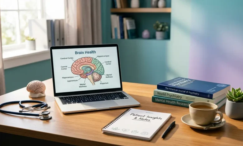 صورة غلاف تمثل الطب النفسي والصحة النفسية تحتوي على مكتب طبي احترافي مع سماعة طبيب ومجسم للدماغ وأدوات طبية بألوان هادئة تعبر عن الثقة والراحة النفسية - الدكتورة أسيل يغمور المراجعة الطبية في موقع خلية