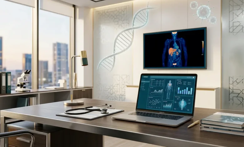 غلاف صفحة الدكتورة مها منصور اختصاصية الأورام والسرطان والطب النووي مُراجِعة المحتوى الطبي في موقع خلية يظهر فيه مكتب طبي احترافي مع أدوات بحث علمي وصور أشعة نووية