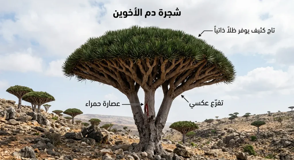 صورة واقعية لشجرة دم الأخوين في جزيرة سقطرى اليمنية تُظهر شكلها الفريد كالمظلة المقلوبة وعصارتها الحمراء وتاجها الكثيف