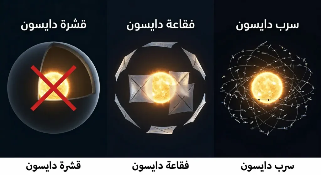  مقارنة بصرية واقعية بين الأنواع الثلاثة لغلاف دايسون: سرب دايسون وفقاعة دايسون وقشرة دايسون الصلبة