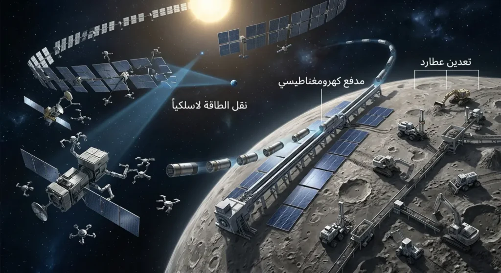 رسم توضيحي واقعي يُظهر مراحل بناء سرب دايسون من تعدين كوكب عطارد إلى إطلاق المواد بمدفع كهرومغناطيسي إلى نقل الطاقة لاسلكياً