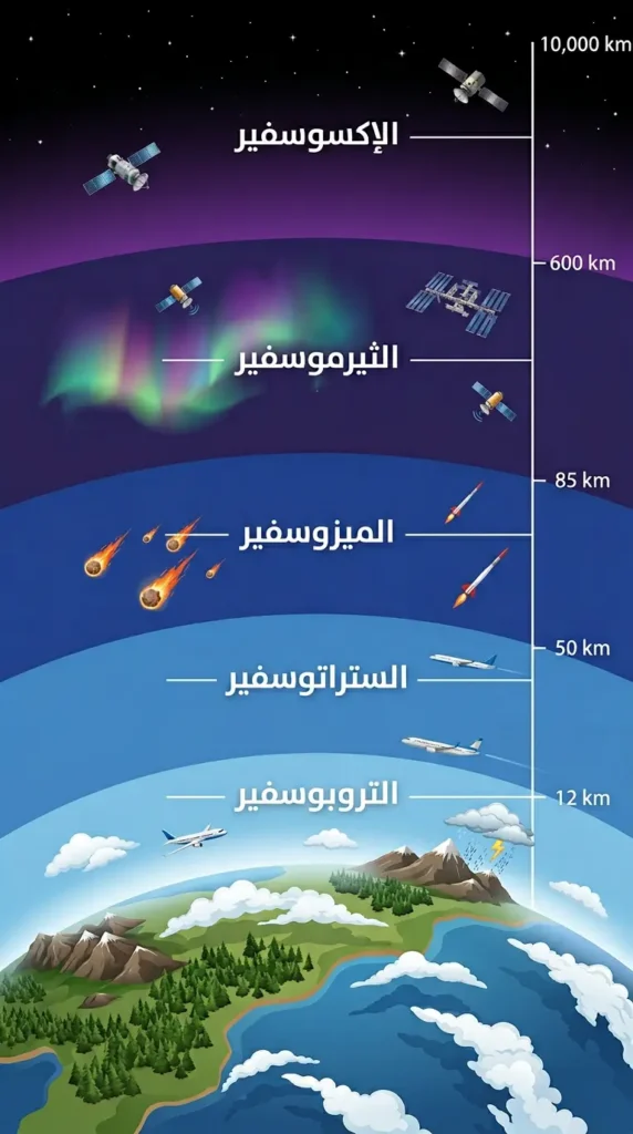 رسم توضيحي عمودي لطبقات الغلاف الجوي الخمس للأرض من التروبوسفير حتى الإكسوسفير مع ارتفاع كل طبقة بالكيلومترات