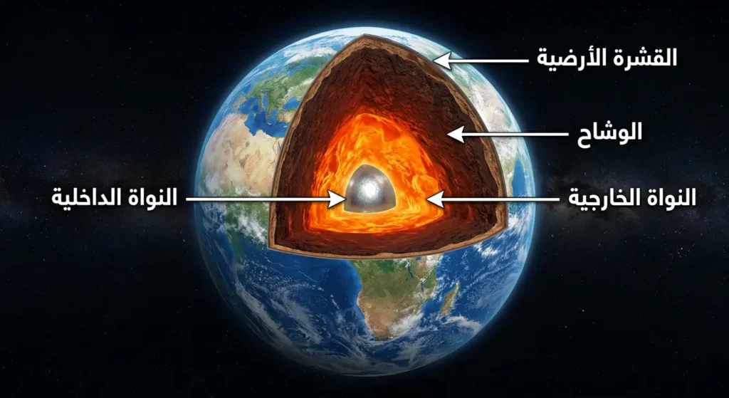 مقطع عرضي لكوكب الأرض يُظهر طبقاته الأربع من الداخل إلى الخارج النواة الداخلية والنواة الخارجية والوشاح والقشرة الأرضية